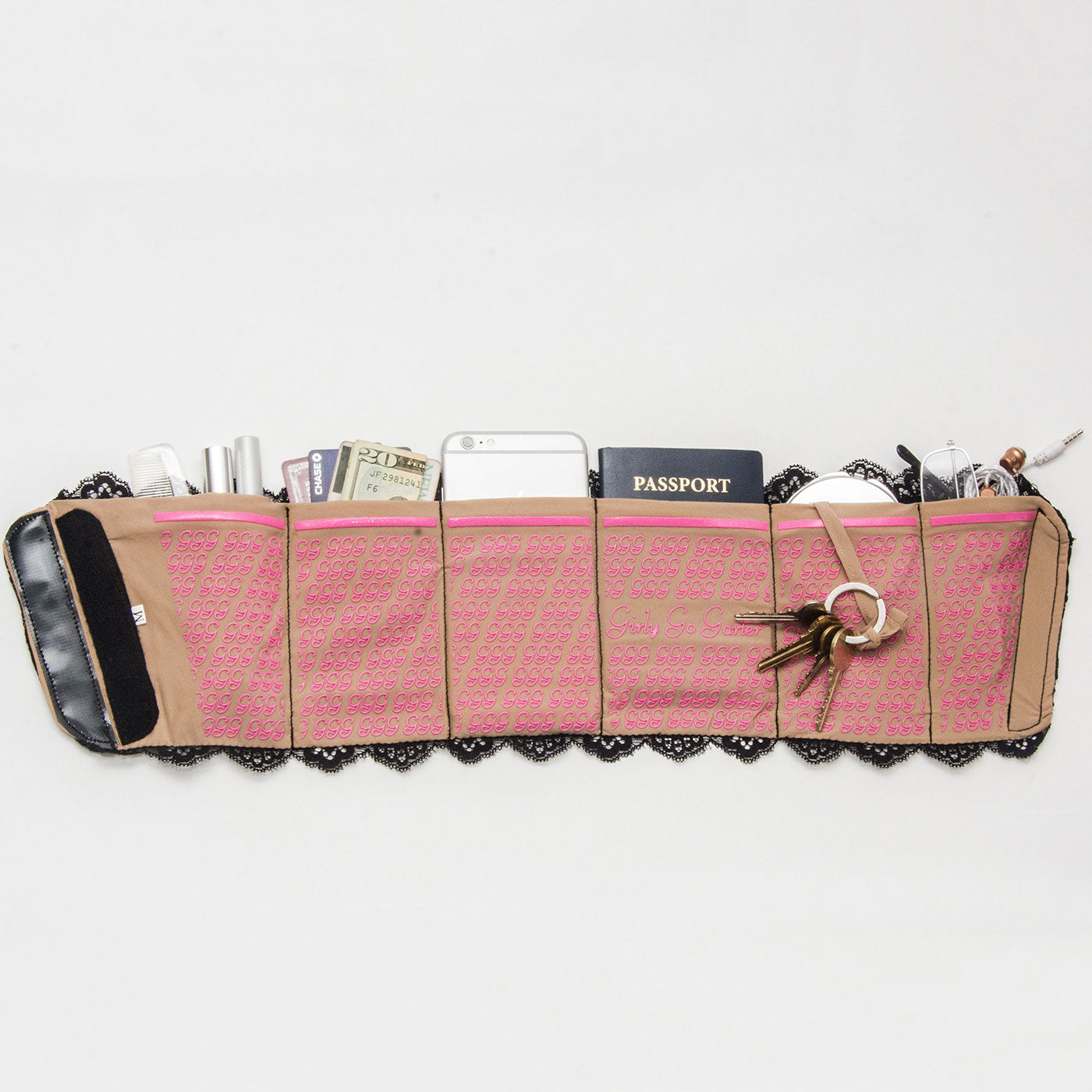 GirlyGoGarter by Andy Paige - lingerie lace garter with pockets for phone, passport, keys, credit cards, makeup compact, wallet