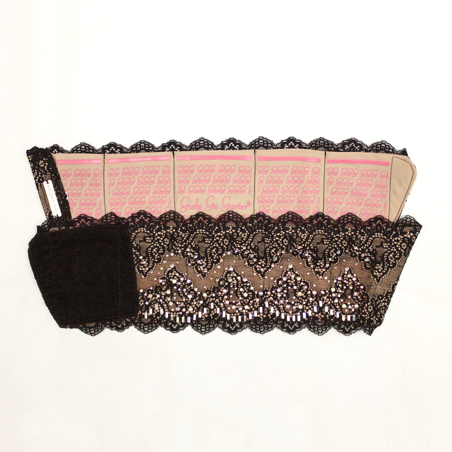 Black GlitzyGoGarter by Andy Paige - beaded luxury lingerie garter with pockets for wedding, prom, evening gown, evening clutch bag