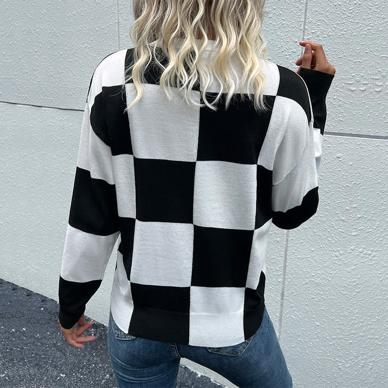 Checkered Drop Shoulder Knit Pullover