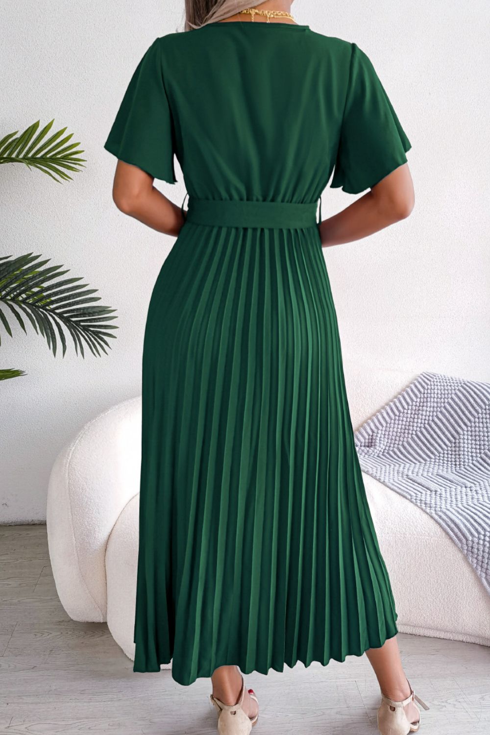 Pleated maxi dress with flutter outlet sleeve