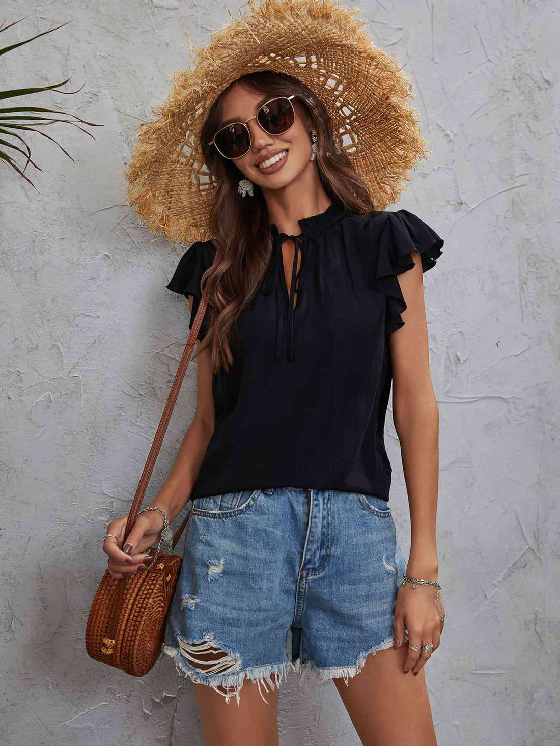 Tie Neck Flutter Sleeve Top