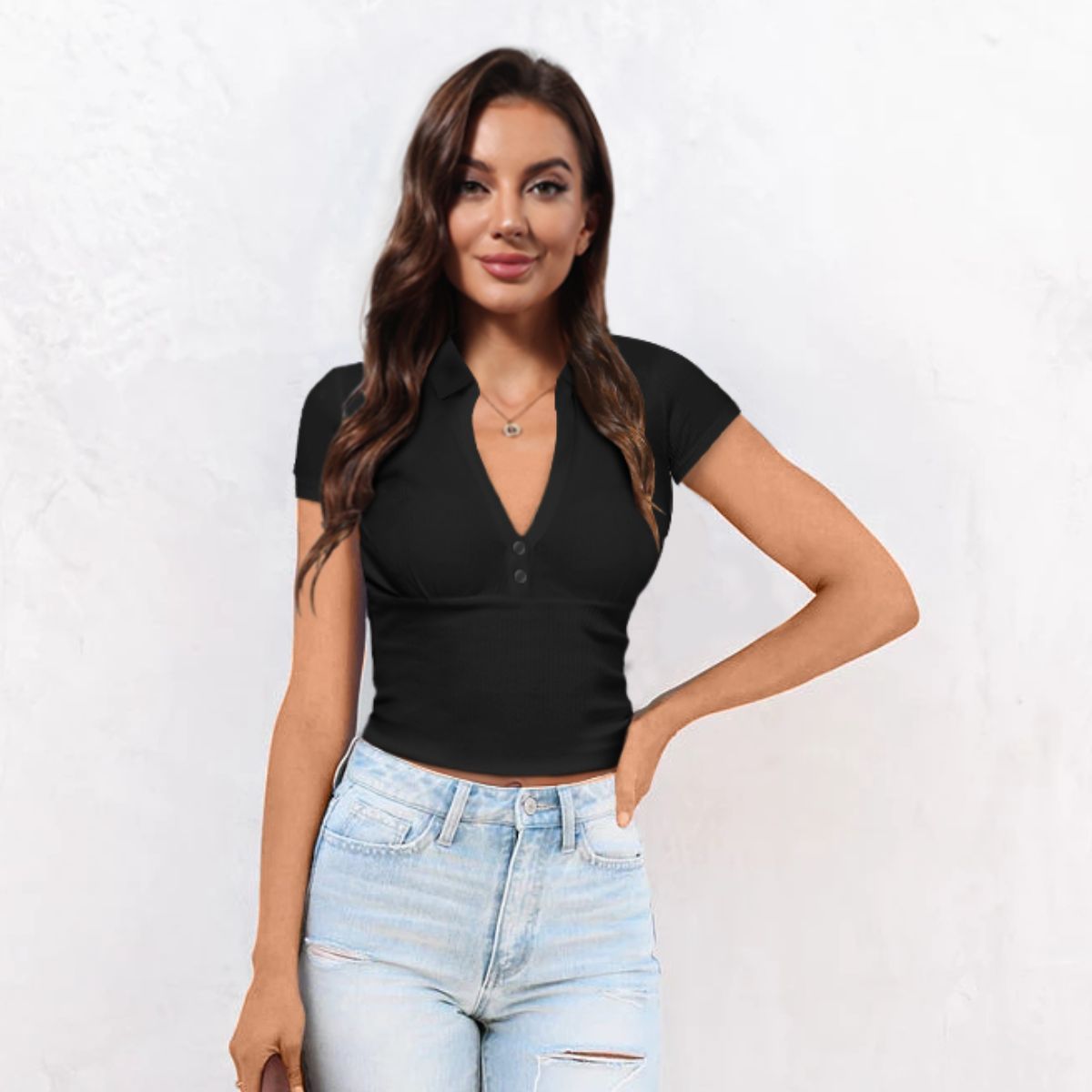 Buttoned Johnny Collar Short Sleeve Top