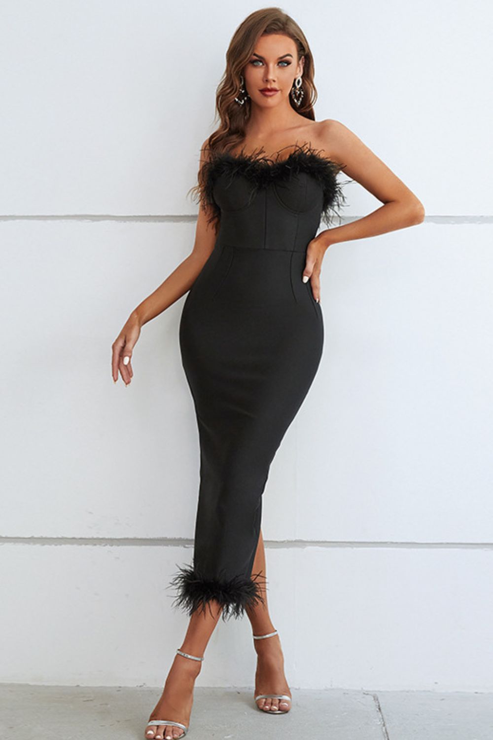 Feather Trim Strapless Sweetheart Neck Dress