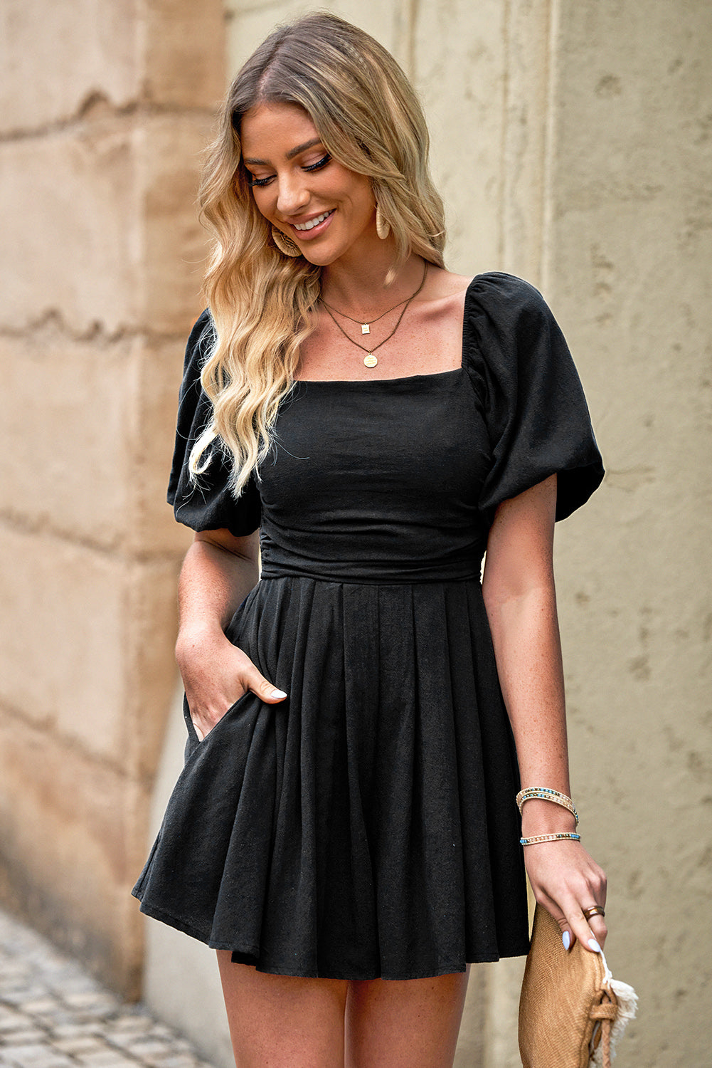 Square Neck Pleated Dress with Pockets