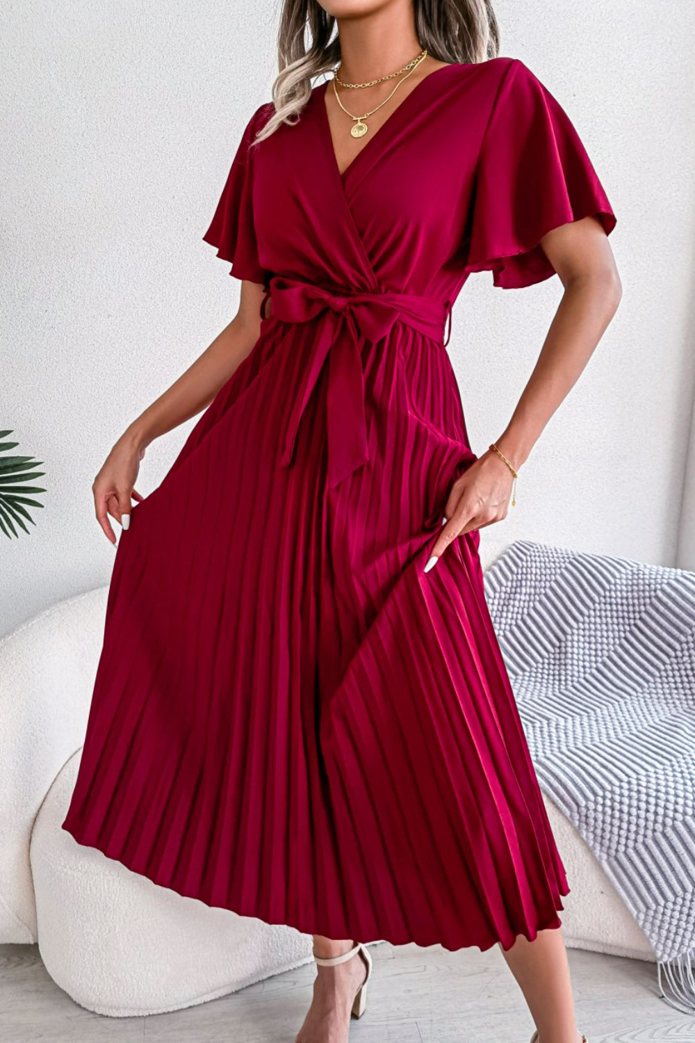 Pleated hotsell belted dress